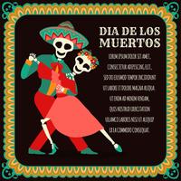 Tanzender Schädel / Skelett. Tag der Toten, Dia de Los Muertos, Banner mit bunten mexikanischen Blumen. Fiesta, Feiertagsplakat, Partyflieger, lustige Grußkarte - Vector Illustration