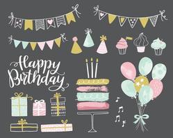 satz von handgezeichneten geburtstagsfeier-designelementen des vektors. Partydekoration, Luftballons, Geschenkbox, Kuchen mit Kerzen, Konfetti, Partyhüte, Cupcakes, Wimpelketten. vektor