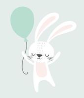 söt kanin som håller en ballong. barnslig illustration. barnkammare väggkonst, barn fest inbjudan, födelsedag gratulationskort, baby shower, affisch. vektor