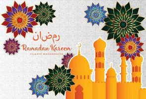 ramadan kareem banner mit 3d-metallic-goldenem halbmond, papiergeschnittenen abstrakten arabeskenblumen und arabischer handgeschriebener kalligrafie. übersetzung ramadan kareem. Vektor.
