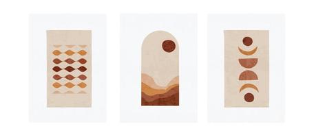 Drei pastellfarbene Plakate mit abstrakten Formen, Berglandschaft und Mustervektorillustration. Minimaler nordischer geometrischer Kunstdruck. Abstraktionsdesign für Hintergrund, Tapete, Karte, Wandkunst vektor