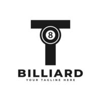 bokstaven t med biljard logotyp design. vektor designmallelement för sportlag eller företagsidentitet.