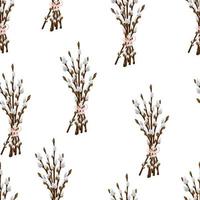Osterfrühlingszweige blühen Weidenkätzchen nahtloses Muster. Vektor Frühlingsurlaub Textur im flachen Cartoon-Stil. flauschige weidenzweige hintergrund.
