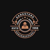Vintage Retro-Abzeichen für Gangster und Mafia-Mann im schwarzen Anzug-Logo-Emblem-Design-Symbol vektor