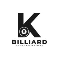 Buchstabe k mit Billard-Logo-Design. Vektordesign-Vorlagenelemente für Sportteams oder Corporate Identity.