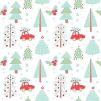 hand gezeichnetes weihnachtsnahtloses muster mit weihnachtsbäumen. süßes rotes Retro-Auto im Wintertannenwald. Urlaub Hintergrund. Vektor-Doodle-Illustration. vektor