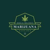 vintage retro-abzeichen für marihuana cannabis hanftopf blatt thc cbd gesundheit und medizinische therapie logo emblem design symbol vektor