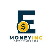 Cash-Logo. buchstabe e mit münzengeld-logo-design-vorlage vektor