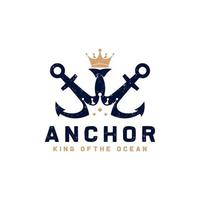 vintage nautisches königsankeremblem. Anker und Krone für Schiffsabzeichen Schiffsboot-Logo-Design-Vorlagenelement vektor