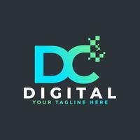 Tech Letter DC-Logo. blaue und grüne geometrische Form mit quadratischen Pixelpunkten. verwendbar für Geschäfts- und Technologielogos. Design-Ideen-Vorlagenelement. vektor