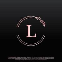 elegantes l-buchstabenkreis-blumenlogo mit kreativer eleganter blattmonogramm-zweiglinie und rosa schwarzer farbe. verwendbar für Firmen-, Mode-, Kosmetik-, Spa-, Wissenschafts-, Medizin- und Naturlogos. vektor