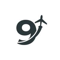 nummer 9 resa med flygplan flyg logotyp designmall element vektor