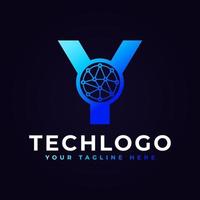 tech-buchstabe y-logo. blaue geometrische Form mit Punktkreis, der als Netzwerklogovektor verbunden ist. verwendbar für Geschäfts- und Technologielogos. vektor