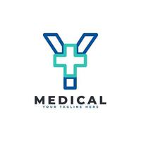bokstaven y kors plus logotyp. linjär stil. användbar för logotyper för företag, vetenskap, hälsovård, medicin, sjukhus och natur. vektor