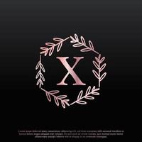 Elegantes x-Buchstaben-Sechseck-Blumenlogo mit kreativer, eleganter Blattmonogramm-Zweiglinie und rosa schwarzer Farbe. verwendbar für Firmen-, Mode-, Kosmetik-, Spa-, Wissenschafts-, Medizin- und Naturlogos. vektor
