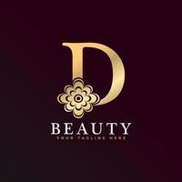 elegantes d-luxus-logo. goldenes blumenalphabetlogo mit blumenblättern. Perfekt für Mode, Schmuck, Schönheitssalon, Kosmetik, Spa, Boutique, Hochzeit, Briefstempel, Hotel- und Restaurantlogo. vektor