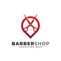 Barbershop-Location-Logo-Template-Design. Kartenstift kombiniert mit Scherensymbol-Vektorillustration vektor