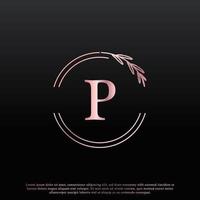 elegant p bokstav cirkel blommig logotyp med kreativ elegant blad monogram grenlinje och rosa svart färg. användbar för logotyper för företag, mode, kosmetika, spa, vetenskap, medicin och natur. vektor