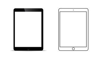 Modell vor einem schwarzen Tablet, das mit einem transparenten leeren Bildschirm realistisch aussieht. vektor