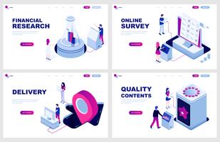 Set med isometrisk målsida mall för Finans, Leverans, Online Survey. Kvalitetsinnehåll. Modern vektor illustration isometriska koncept dekorerade människor karaktär för webbutveckling.