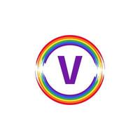 buchstabe v innen kreisförmig gefärbt in regenbogenfarbe flaggenpinsel logo design inspiration für lgbt-konzept vektor