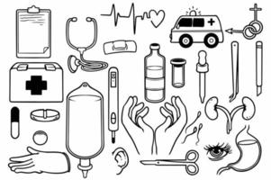handritad uppsättning av medicinsk utrustning grejer doodle på vit bakgrund. vektor