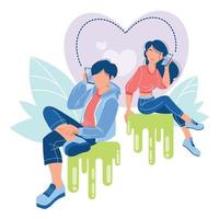 ung modern kille och tjej sitter och har en romantisk konversation i telefon på avstånd. vektor
