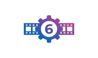 nummer 6 kugghjul med rulleränder filmremsa för film film filmproduktion studio logotyp inspiration vektor