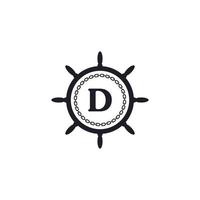 buchstabe d im schiffslenkrad und kreisförmiges kettensymbol zur inspiration für das nautische logo vektor