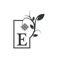 elegant e lyxig logotyp fyrkantig ram märke. blommig med blommor blad. perfekt för mode, smycken, skönhetssalong, kosmetika, spa, boutique, bröllop, brevstämpel, hotell- och restauranglogotyp. vektor