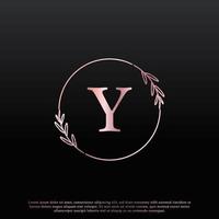 Elegantes y-Buchstabenkreis-Blumenlogo mit kreativer eleganter Blattmonogramm-Zweiglinie und rosa schwarzer Farbe. verwendbar für Firmen-, Mode-, Kosmetik-, Spa-, Wissenschafts-, Medizin- und Naturlogos. vektor