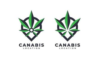 Standortlogo für Cannabis-Marihuana. Kartenstift kombiniert mit Cannabisblatt-Symbolvektorillustration vektor