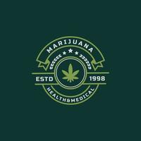 vintage retro-abzeichen für marihuana cannabis hanftopf blatt thc cbd gesundheit und medizinische therapie logo emblem design symbol vektor