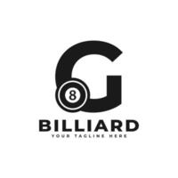 Buchstabe g mit Billard-Logo-Design. Vektordesign-Vorlagenelemente für Sportteams oder Corporate Identity. vektor
