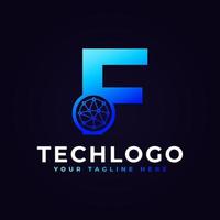 tech-buchstabe f-logo. blaue geometrische Form mit Punktkreis, der als Netzwerklogovektor verbunden ist. verwendbar für Geschäfts- und Technologielogos. vektor