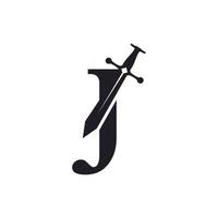 Buchstabe j mit Schwert-Symbol Vektor-Logo-Design-Vorlage Inspiration vektor