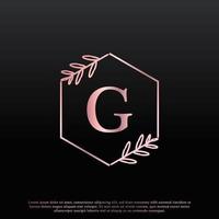 elegantes G-Buchstaben-Sechseck-Blumenlogo mit kreativer, eleganter Blattmonogramm-Zweiglinie und rosa schwarzer Farbe. verwendbar für Firmen-, Mode-, Kosmetik-, Spa-, Wissenschafts-, Medizin- und Naturlogos. vektor