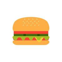 hamburgare med sallad, tomater, ost och kotlett. snabbmat. vektor illustration. snabbmat hamburgermiddag och restaurang, välsmakande ohälsosam snabbmat klassisk näring i platt stil.