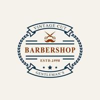 vintage retro badge barber shop logotyp med sax symbol för gentleman frisyr emblem design symbol vektor