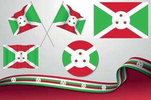 satz von burundi-flaggen in verschiedenen designs, symbol, häutende flaggen mit band mit hintergrund. kostenloser Vektor