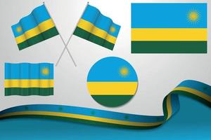 satz von ruanda-flaggen in verschiedenen designs, symbol, enthäutende flaggen mit band mit hintergrund. kostenloser Vektor