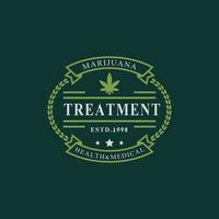 vintage retro-abzeichen für marihuana cannabis hanftopf blatt thc cbd gesundheit und medizinische therapie logo emblem design symbol vektor