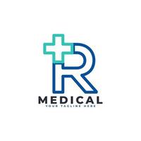 bokstaven r kryss plus logotyp. linjär stil. användbar för logotyper för företag, vetenskap, hälsovård, medicin, sjukhus och natur. vektor