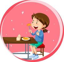 kleines Mädchen, das Obst isst und auf dem Tisch isst vektor