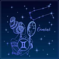 Zodiac tecken Gemini en vacker tjej. The Constellation of Gemini. Natthimlen. Horoskop. Astrologi. Vektor. vektor