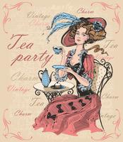 Weinlesedame in einem trinkenden Tee des Hutes. Dame in Krinoline. Tee-Party. Charme. Jahrgang. Inschriften. Zeit, Tee zu trinken. Vektor