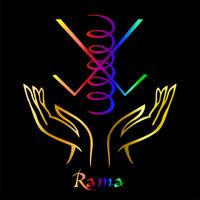 Karuna Reiki. Energihälsa. Alternativ medicin. Symbol Rama. Andlig övning. Esoterisk. Öppen palm. Rainbow färg. Vektor