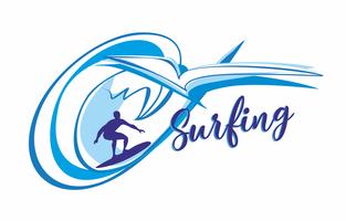 Surfing. Surfare. Text. Logotyp. Det är dags att vila och resa. Seascape. Våg. Vektor illustration.