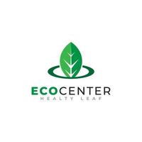 leaf eco center logotypdesign. grönt blad kombinerat med ramikon vektorillustration vektor