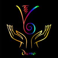 Karuna Reiki. Energihälsa. Alternativ medicin. Symbol Dumo. Andlig övning. Esoterisk. Öppen palm. Rainbow färg. Vektor